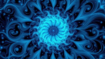 Abstract swirling blue and black fractal art depicting a swirling flower with a dark background