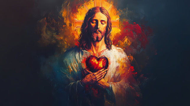 Oil painting artistic image of sacred heart of jesus christ. generative ai. Sacred. Illustration