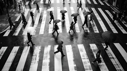 Obraz premium Rainy Day Crosswalk Pedestrians With Umbrellas