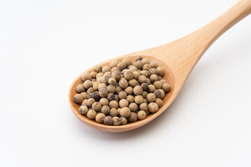 木のスプーンに載せたホワイトペッパーのホール