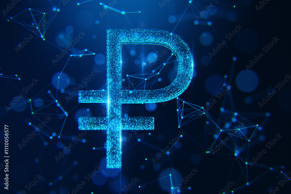 Poster Digital ruble symbol with glowing neon effect on dark wireframe background, showcasing modern financial and technological connections. 3D Rendering