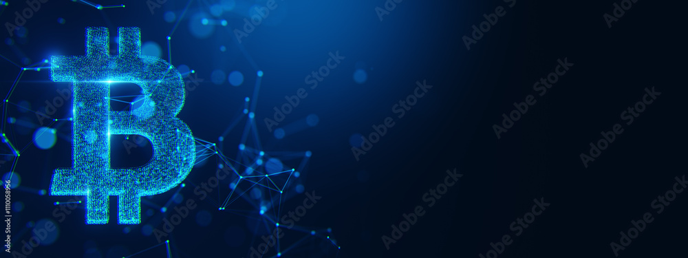 Poster Bitcoin symbol made of glowing blue dots with polygonal connections on dark background. Concept of cryptocurrency and blockchain. 3D Rendering