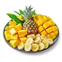 A tropical fruit platter with mango, pineapple, and banana slices