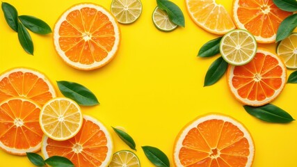 Obraz premium A vibrant arrangement of juicy citrus fruits and fresh green leaves on a sunny yellow background, creating a refreshing and zesty visual feast.