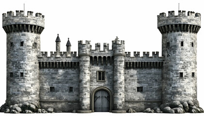 A medieval stone castle with towers and a central entrance, depicting historical architecture.