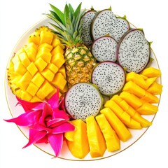 A tropical fruit platter with pineapple, mango, and dragon fruit slices