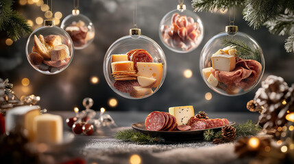 Festive Christmas ornaments filled with gourmet cheeses and charcuterie, delicately hanging against a soft winter backdrop with copy space