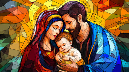 Holy family embracing in modern stained glass art. Sacred. Illustration © Thiago