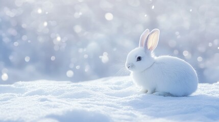 Adorable White Bunny Sitting on Snowy Ground in Dreamy Winter Setting
