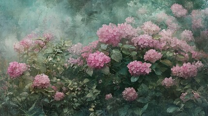 Lush Pink Hydrangea Blooms in Dreamy Garden Landscape