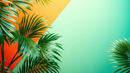 Tropical Palm Leaves on a Vibrant Orange and Green Background