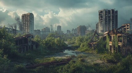 Fototapeta premium Post-Apocalyptic Wasteland with Ruined Buildings