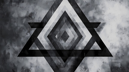 Monochrome majesty: a minimalist artwork featuring sharp-edged gray, white, and black triangles creates a sense of grandeur and explores the liberation themes of sacred geometry. Sacred. Illustration