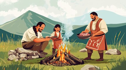 Family Preparing Food Near Campfire Mountain Setting
