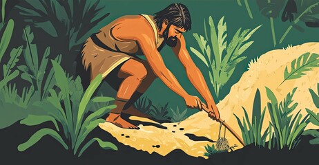 Prehistoric Man Gathering Food in Lush Jungle