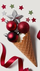 Obraz premium Striped Ice Cream Cone with Baubles and Stars on Gray Background