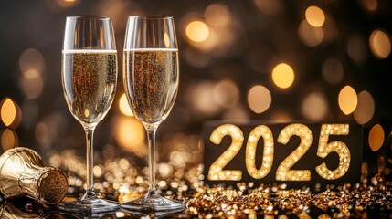 New Year's Eve toast in champagne glasses on a shiny golden background with bokeh and a confetti banner design,"2025" Golden numbers beside the glass, a New Year celebration concept.