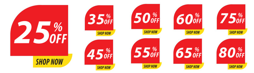 Discount buy now label pop-up banner red stickers, sale percentage. 25%, 35%, 45%, 50%, 55%, 60%, 65%, 75%, 80% percent off price reduction badge promotion, present, off, offer tags, shop now
