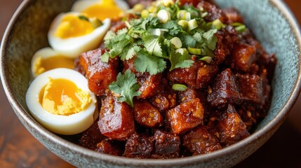 Delicious Dish with Pork, Eggs, and Fresh Herbs in a Bowl