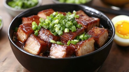 Delicious braised pork belly served with green onions in bowl