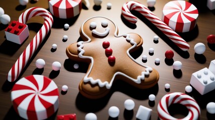 Obraz premium Smiling Gingerbread Cookie with Candy Canes and Holiday Decor