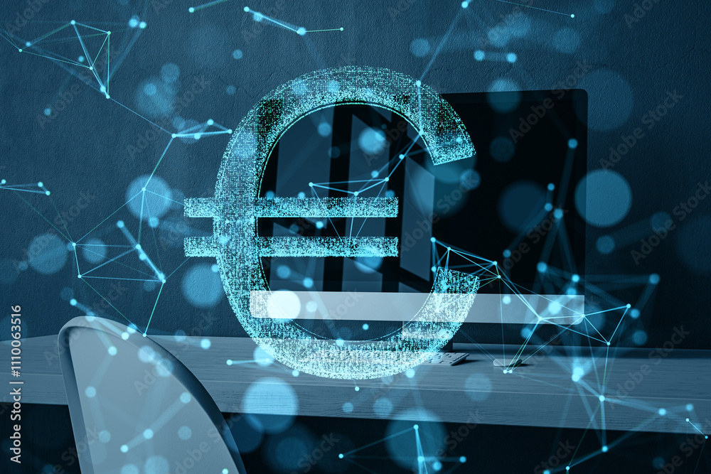 Poster digital euro currency symbol with virtual network connections in office workspace.