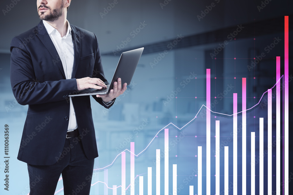 Poster businessman analyzing financial data on laptop with virtual charts and graphs in a modern office bac