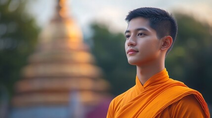 Fototapeta premium Portrait of a Young Monk in Serene Setting