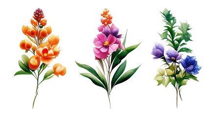 Watercolor flower, leaf and branch set on white background