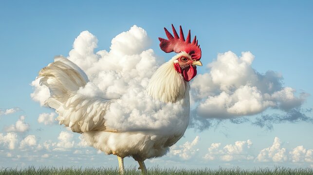 White Rooster Hidden In Fluffy Clouds Above Grass