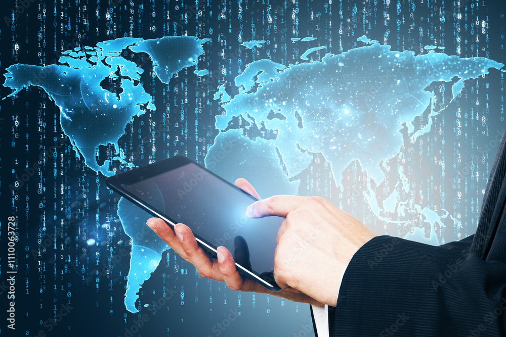 Aufkleber Businessman using tablet with glowing global map and binary network background, symbolizing technology and global connectivity concept.