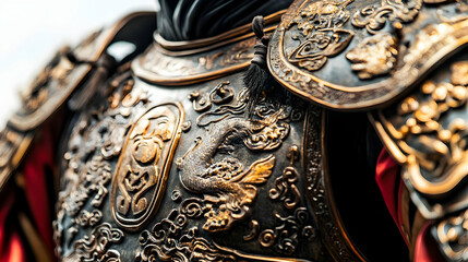 Fototapeta premium Ornate armor featuring intricate dragon designs, showcasing craftsmanship and historical significance.