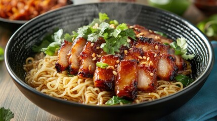 Fototapeta premium Delicious Asian Noodles with Juicy Grilled Pork and Fresh Herbs