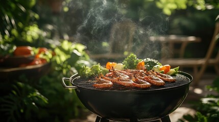Fresh Grilled Shrimp and Vegetables with Smoky Flavor Outdoors