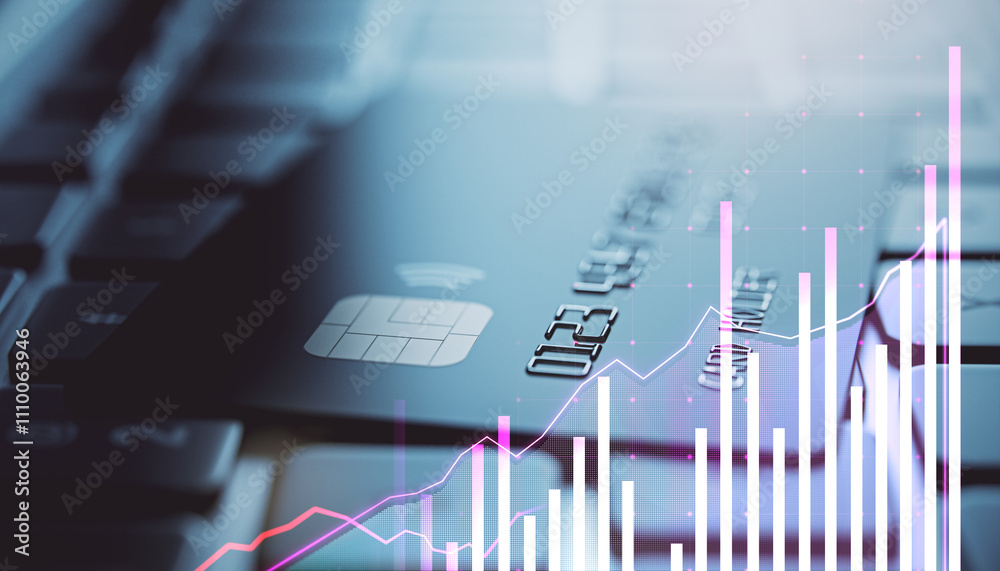 Poster credit card and financial charts overlaid on keyboard, symbolizing fintech and digital banking conce