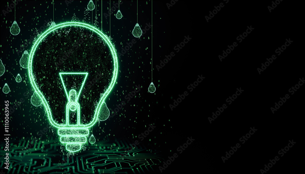 Poster neon green lightbulb concept with digital matrix background, glowing virtual design, and innovative 