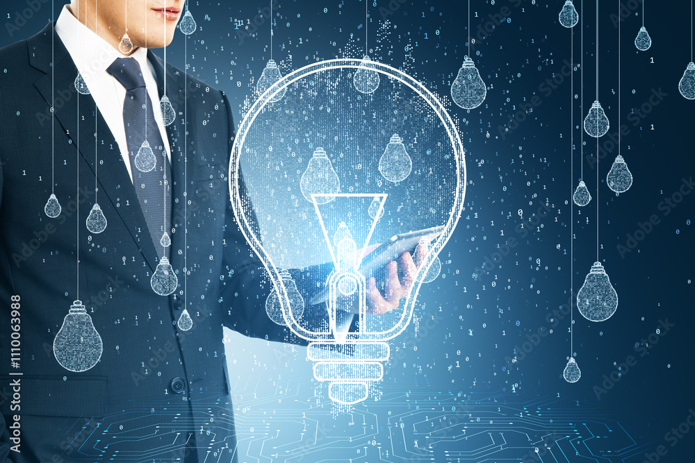 Aufkleber businessman holding smartphone with digital lightbulb overlay symbolizing innovation and technology 