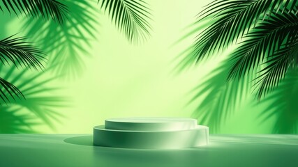 Fototapeta premium A minimalistic product display featuring a cylindrical podium with a light green background and tropical palm leaves casting shadows.