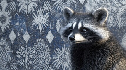 Obraz premium A Raccoon Poses Against a Blue Patterned Background