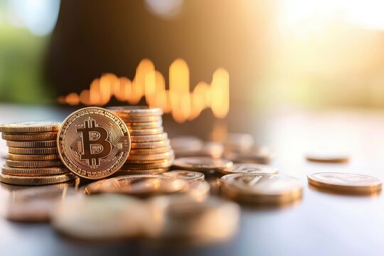 businessman analyzing financial data coins table concept. Bitcoin coins stacked with a glowing graph in the background, symbolizing cryptocurrency trends.