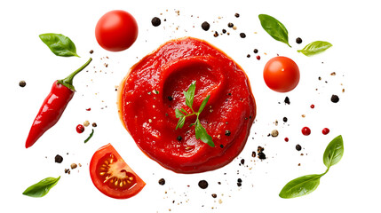 A red tomato sauce with various tomatoes, chili peppers, and green leaves scattered around it on transparent background.