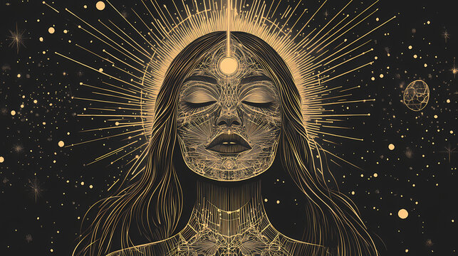 Divine feminine archetype radiating sacred geometry cosmic background ethereal glow spiritual symbolism. Sacred. Illustration