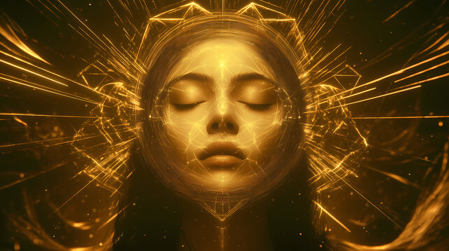 Divine feminine archetype radiating sacred geometry cosmic background ethereal glow spiritual symbolism. Sacred. Illustration