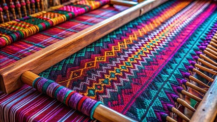 Vibrant Textile Creation on a Traditional Wooden Loom A Close-Up View of Colorful Threads and Intricate Weaving Patterns