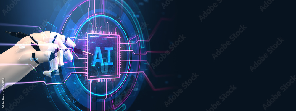 Poster futuristic hand interacting with ai holographic interface on dark background. 3d rendering
