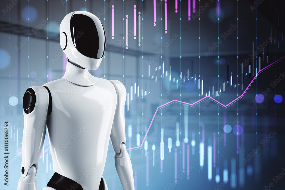 Aufkleber Robot standing in front of financial graphs and charts. 3D Rendering