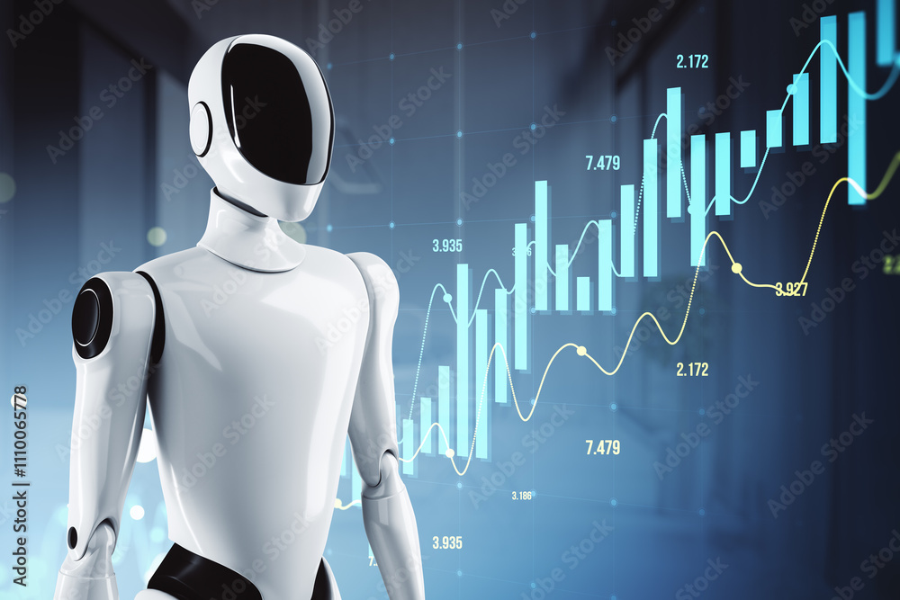 Aufkleber Futuristic robot analyzing financial growth charts on digital interface background. 3D Rendering