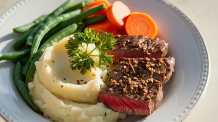 Rare Steak with Mashed Potatoes and Saut?ed Vegetables