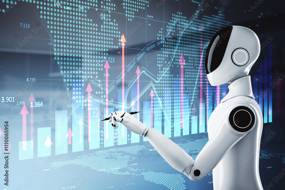 Poster Robot analyzing financial graphs on futuristic digital interface with world map background. Concept of AI in trading and fintech. 3D Rendering