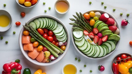 Naklejka premium Colorful Array of Fresh Fruits and Vegetables in Bowls